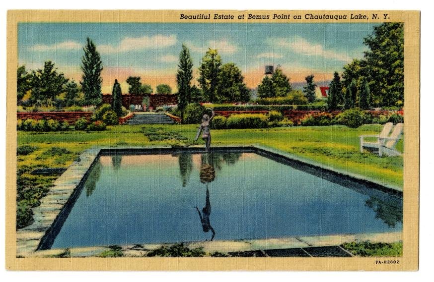A 1930s linen postcard of the reflecting pool at The Woods, captioned Beautiful Estate at Bemus Point on Chautauqua Lake, N.Y.